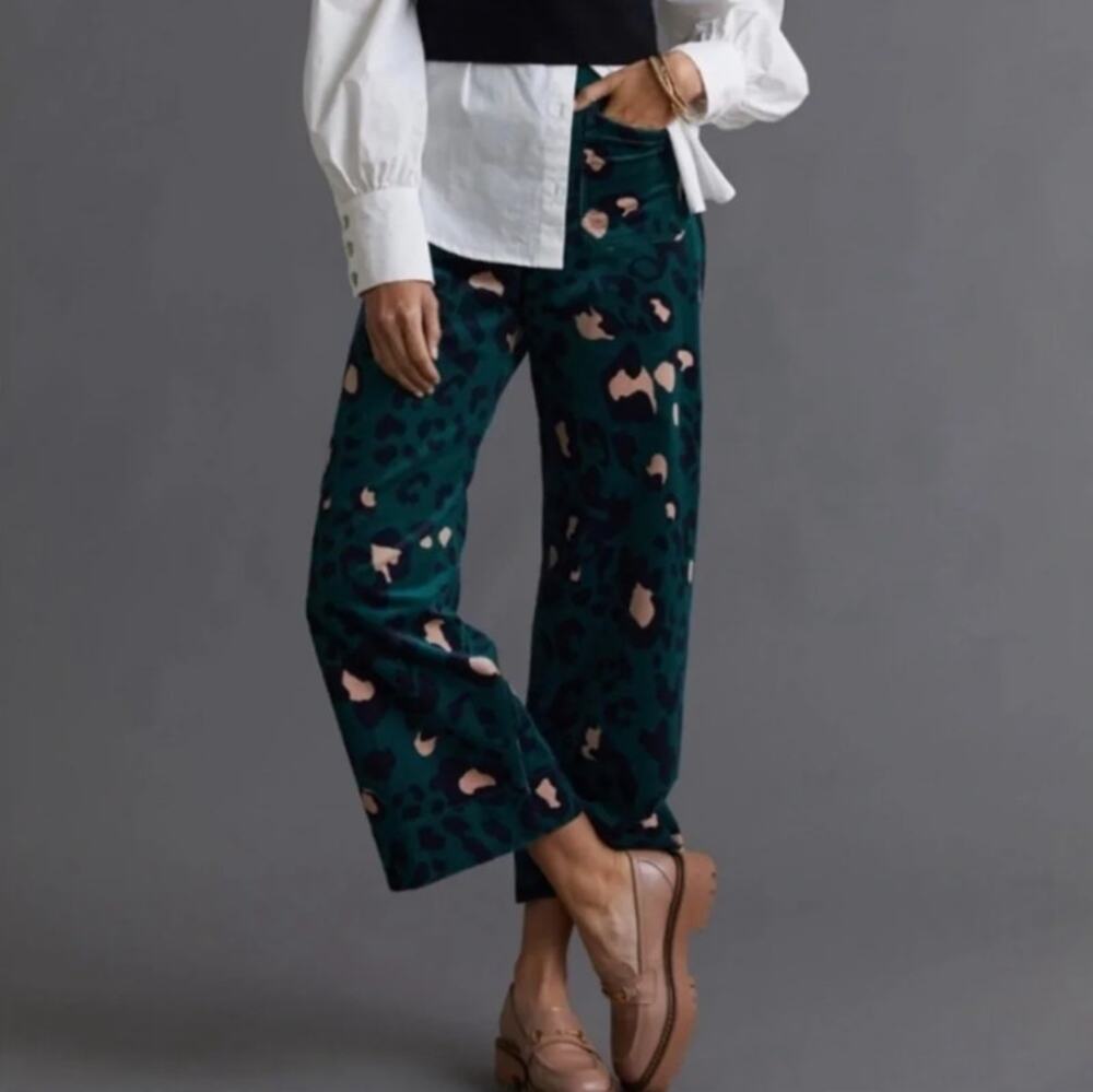 ANTHROPOLOGIE x MAEVE Colette Corduroy Wide Keg Pant Leopard Green Sz 25 {3Z8}
